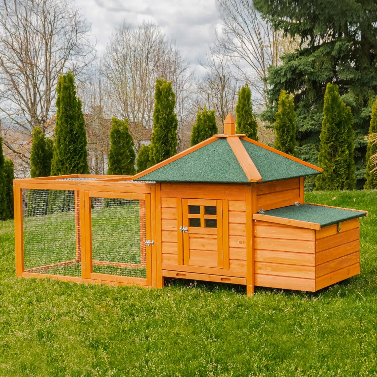 Bild von Miweba MyAnimal Hühnerstall MH-19 für bis zu 3 Hühner, winterfest, mit Nistkasten, Freilaufgehege, 2 Sitzstangen und Eiablage aus Kiefernholz, Maße 206x73x123 cm, braun