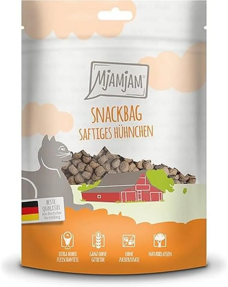 Bild von MjAMjAM Premium Katzensnack mit saftigem Hühnchen, 125 g Packung ohne synthetische Konservierungsstoffe