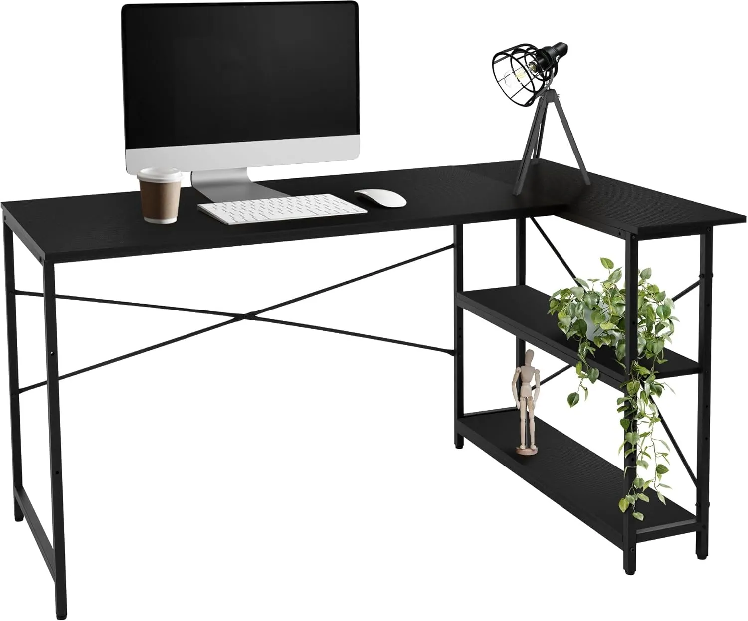 Bild von ML-Design L-förmiger Schreibtisch in Schwarz mit Carbon-Optik, höhenverstellbar und reversiblem Regal, 140x89x75 cm, inklusive 2 Ablagefächern