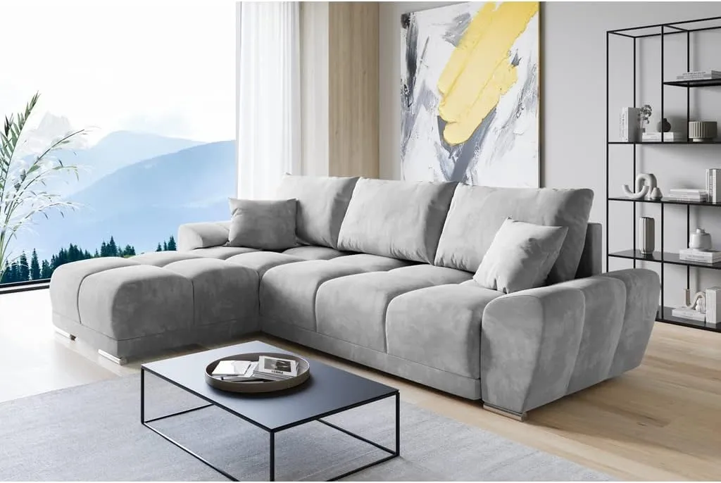 Bild von ML Furniture Velvet Ecksofa in Hellgrau mit Stauraum und Schlaffunktion, 289 x 189 cm