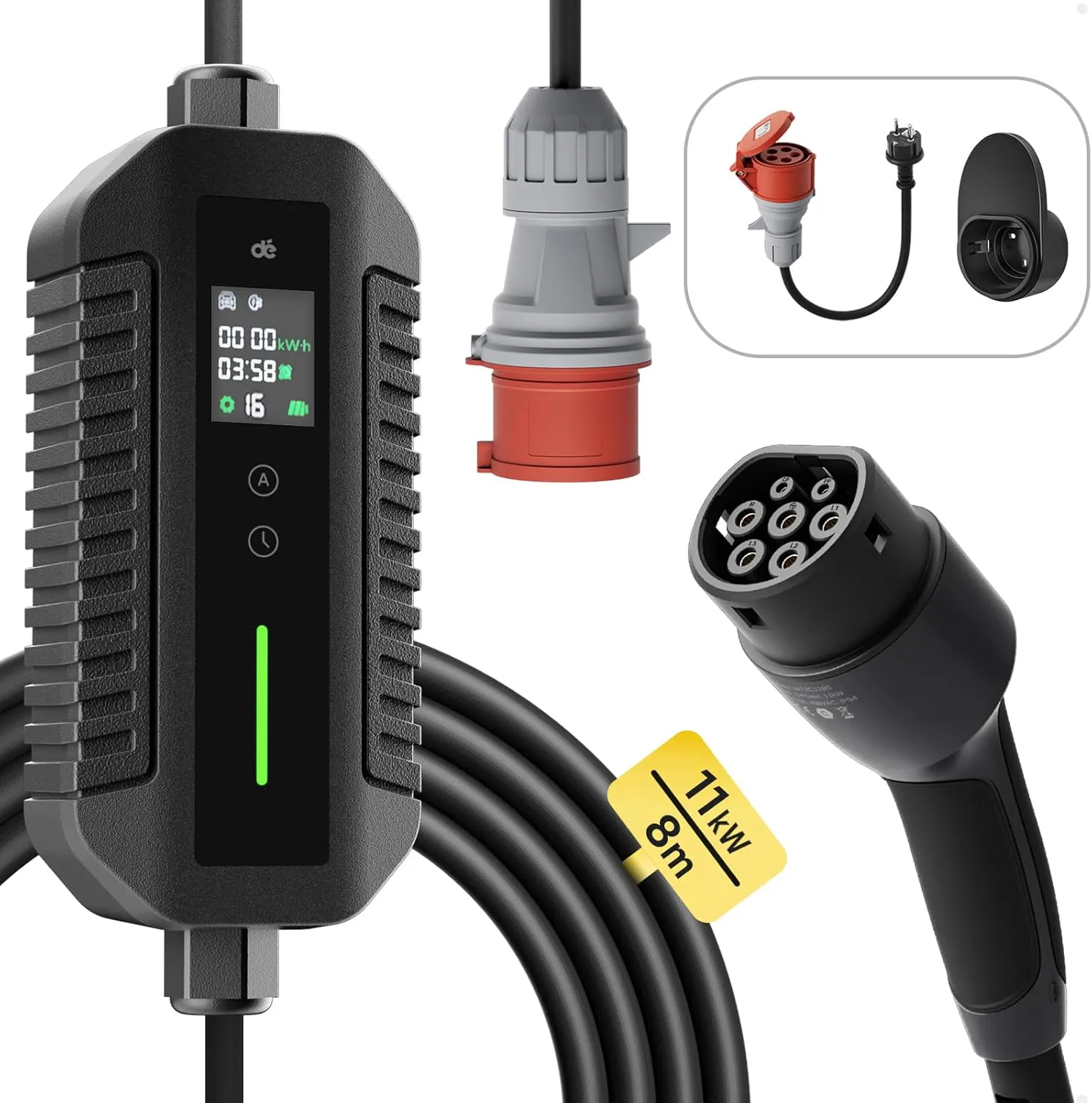 Bild von Mobile Wallbox 11 kW mit 8 m Kabel, 3-phasig, einstellbarer Ladeleistung und CEE 16A auf Typ 2 für Elektroautos und Plug-in-Hybride