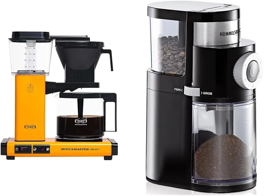 Bild von Moccamaster KBG Select Kaffeemaschine mit 1,25 Litern und 1520 Watt in Gelb sowie Rommelsbacher EKM 200 Kaffeemühle mit aromaschonendem Scheibenmahlwerk und 110 Watt in Schwarz