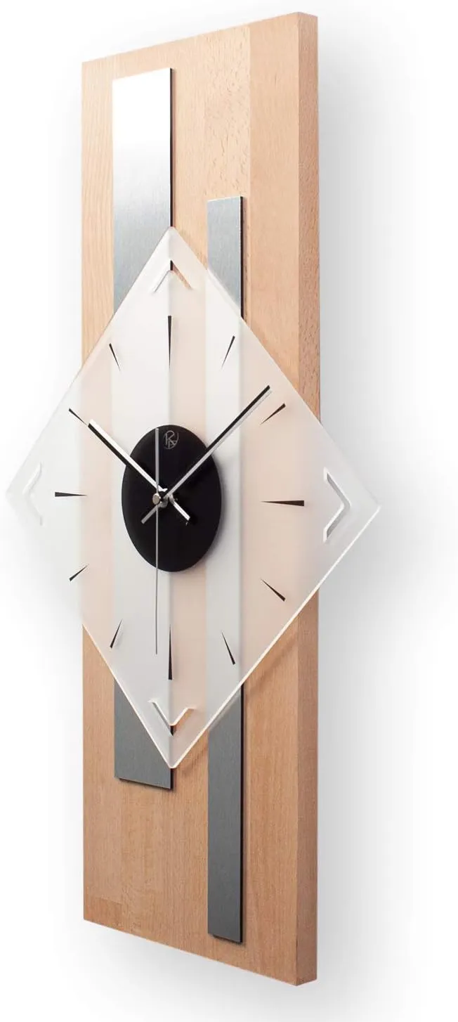 Bild von Moderne Designer Wanduhr aus Holz und Aluminium in Buche mit leisem Funkuhrwerk, 60 x 30 cm