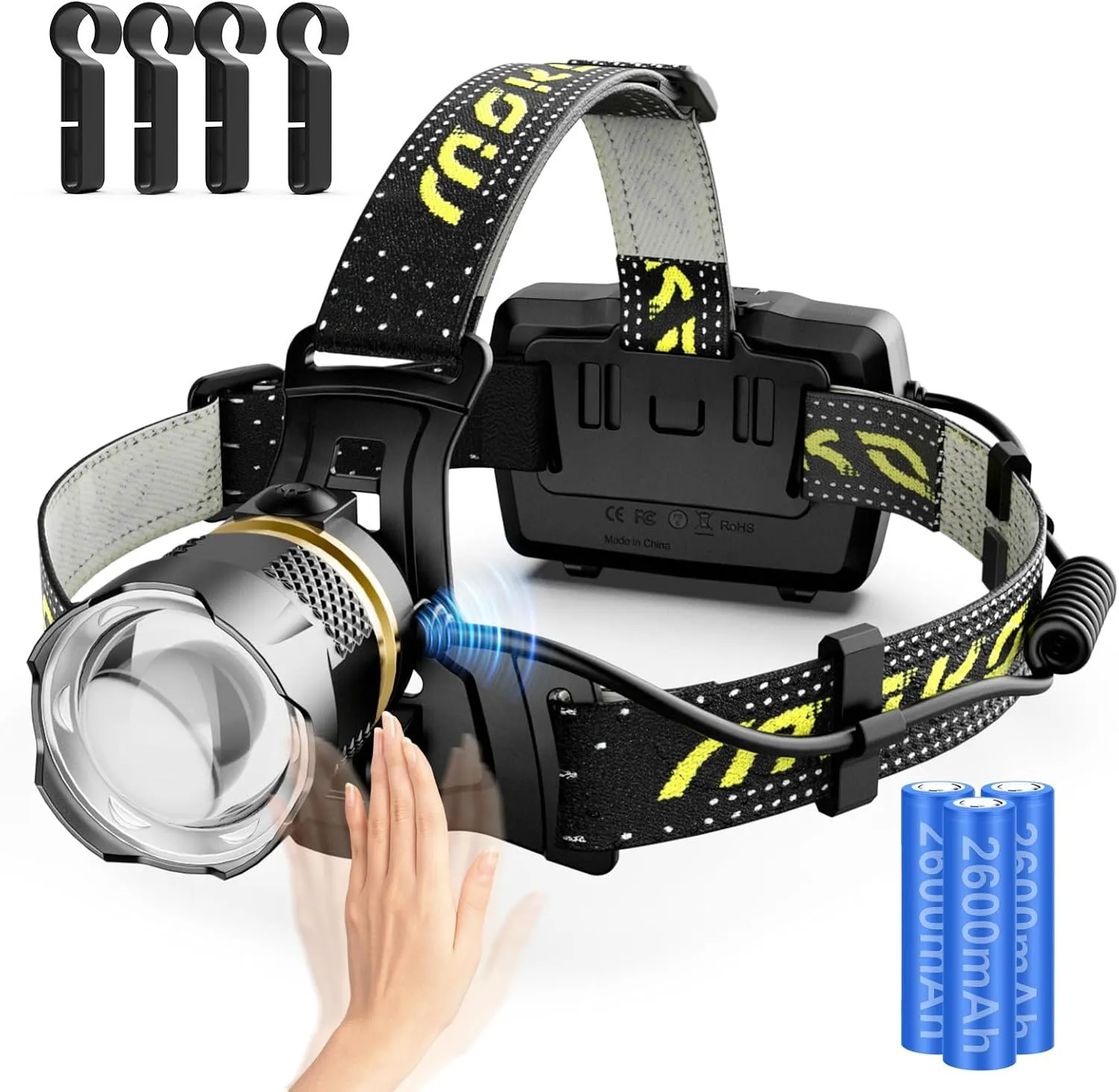 Bild von MoKo LED Stirnlampe mit 30000 Lumen, 7800 mAh Akku, 8 Lichtmodi und Bewegungssensor, IP68 wasserdicht und 90° verstellbar für Outdoor-Aktivitäten