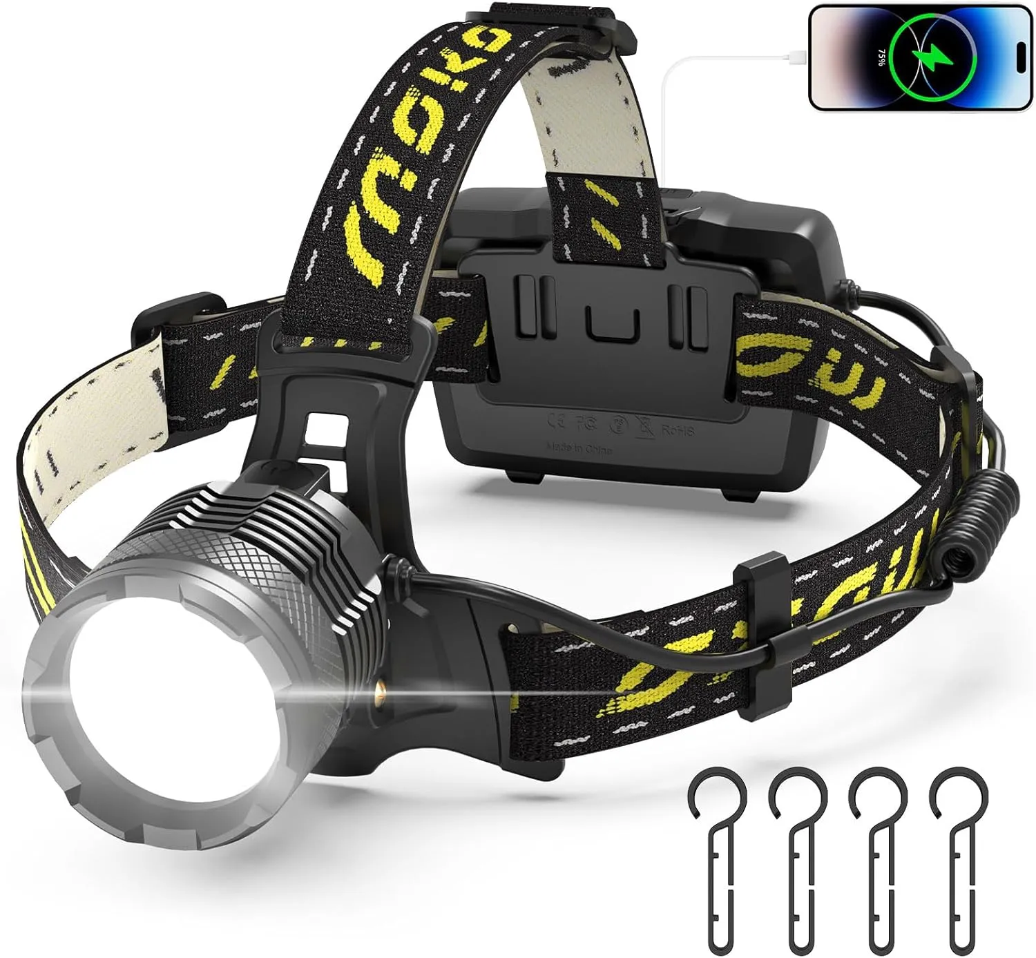 Bild von MoKo LED Stirnlampe wiederaufladbar mit 50000 Lumen, 10200 mAh Akku, 8 Lichtmodi und IP68 Wasserschutz, 90° verstellbar für Outdoor Aktivitäten