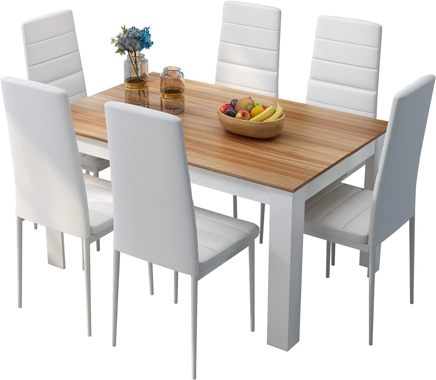 Bild von Mondeer Esstisch Set mit 6 Hochlehner Stühlen in Weiß und Eiche, Maße 138 x 90 x 75 cm