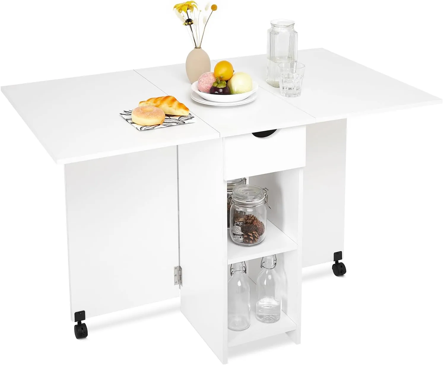 Bild von Mondeer Klapptisch H1071KT01WT für kleine Räume mit 1 Schublade und 2 Ablagen, 72 x 120 x 75 cm, in Weiß