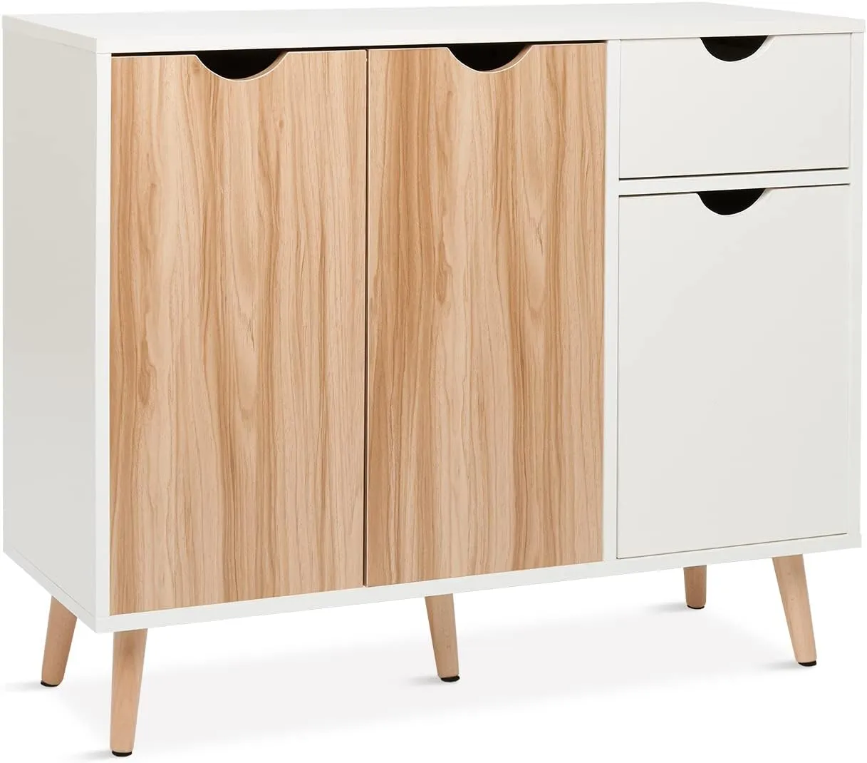 Bild von Mondeer Kommode aus Holz mit 1 Schublade und 3 Türen in Weiß und Natur, Maße 90 x 30 x 73 cm