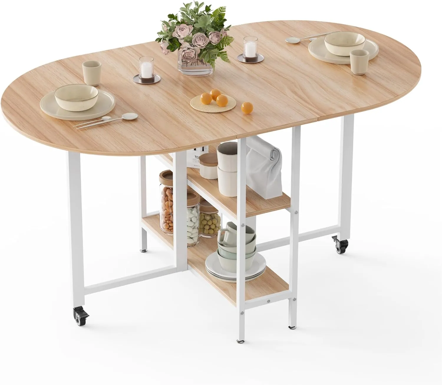 Bild von Mondeer mobiler Klapptisch mit offenen Ablagen, 140 x 80 x 75 cm in Eiche und Weiß, ideal für kleine Räume