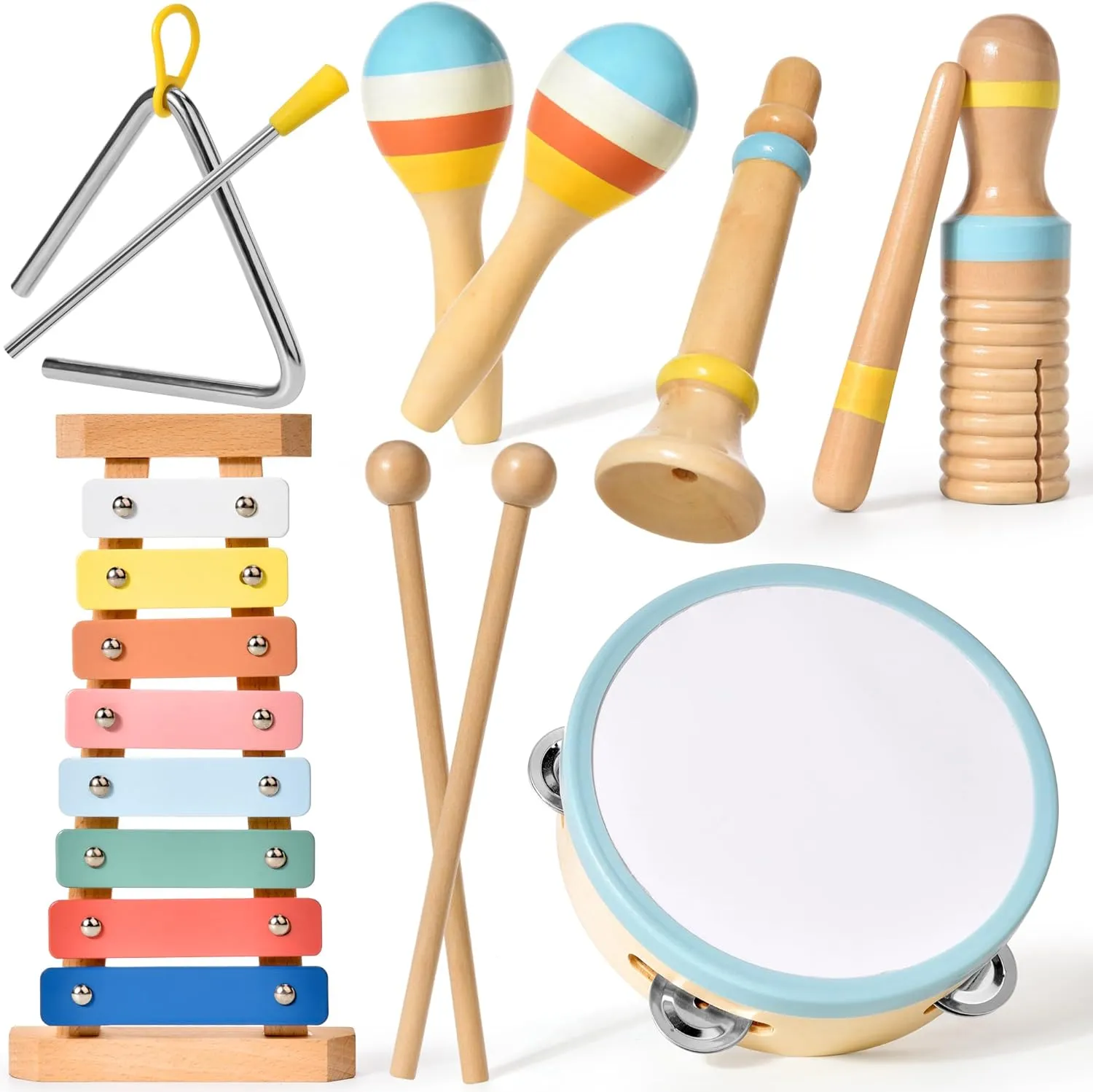 Bild von Montessori Holzspielzeug für Kleinkinder von 1 bis 3 Jahren mit 6 in 1 Musikinstrumenten und modernem Boho Xylophon