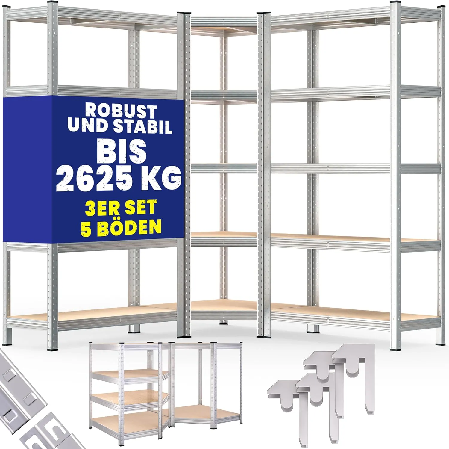 Bild von Monzana 3er Set Schwerlastregal mit 15 MDF-Platten und einer Tragfähigkeit von 2625 kg