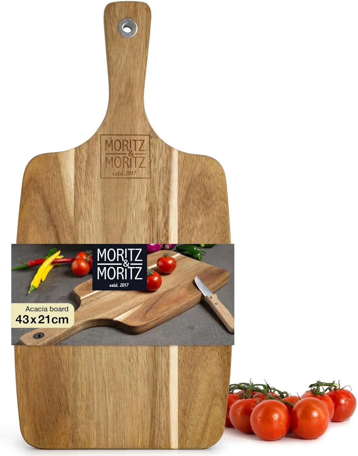 Bild von Moritz und Moritz Schneidebrett aus massiver Akazie 43 x 21 cm, langlebig und messerschonend, ideal für Käseplatten und leicht zu reinigen
