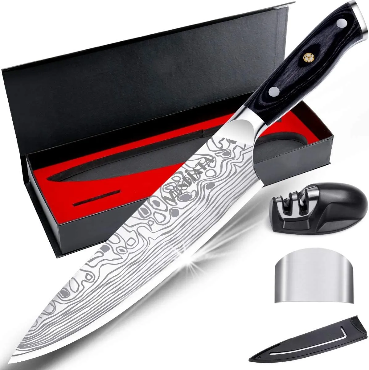 Bild von MOSFiATA 20 cm Kochmesser aus deutschem Edelstahl mit ergonomischem Griff und Fingerschutz, inklusive Messerschärfer in Geschenkbox