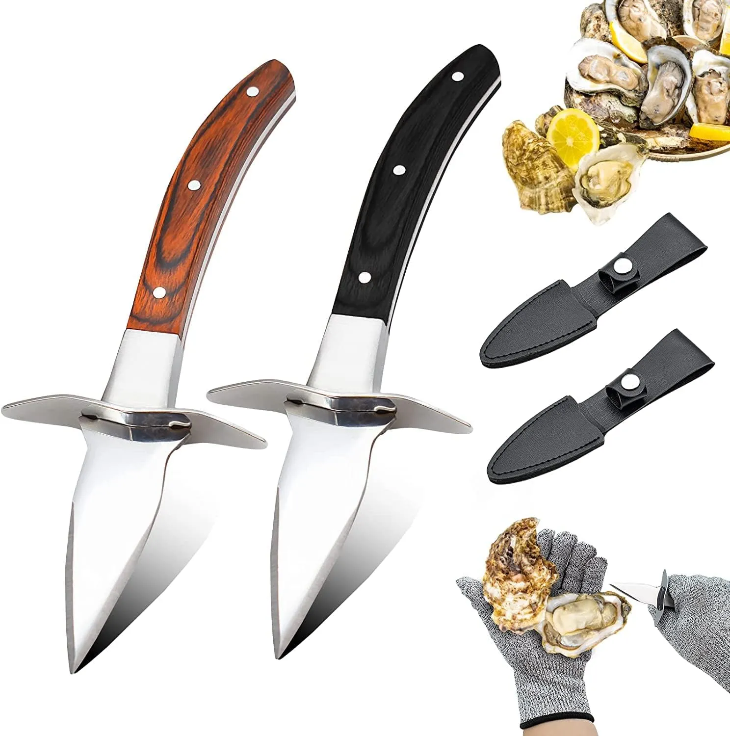 Bild von MOTHAF Set mit 2 Austernmessern, 2 Schneidschutzhandschuhen und einem Austernflaschenöffner aus Edelstahl, Schutzart 5 für Schalentiere und Hartkäse