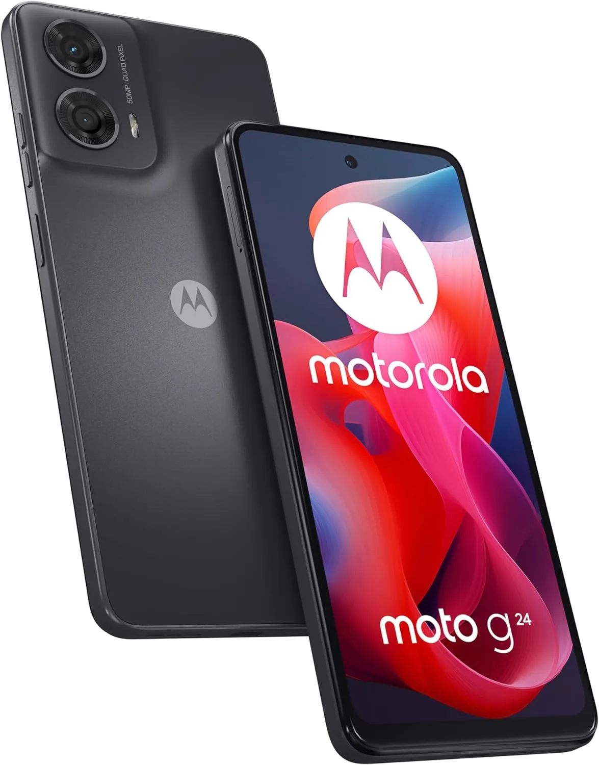 Bild von Motorola Moto g24 Smartphone mit 6,56 Zoll HD Plus Display, 50 MP Kamera, 8 GB RAM, 128 GB Speicher und 5000 mAh Akku in Matte Charcoal, inklusive Schutzcover und Handyhalterung