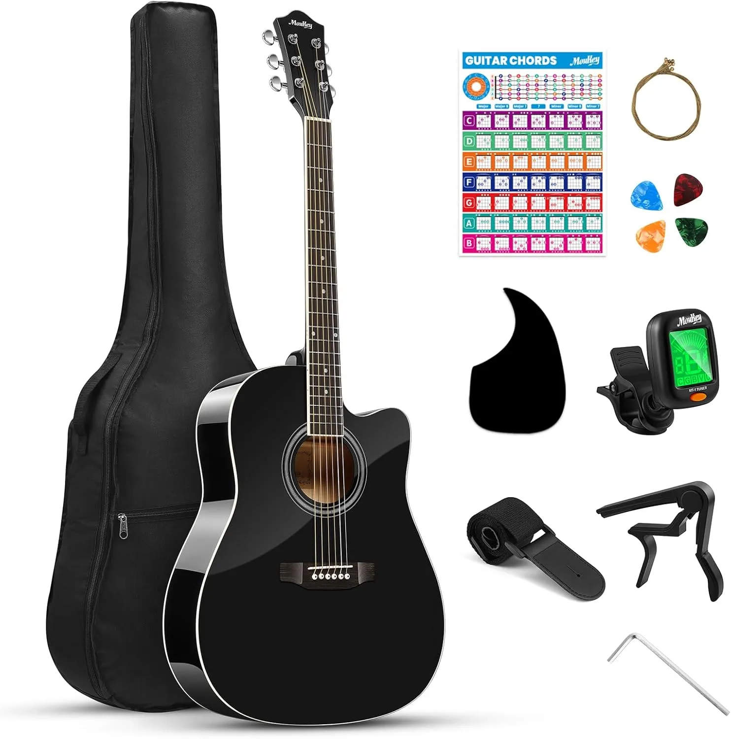 Bild von Moukey 41 Zoll Akustikgitarre Set für Anfänger mit Gig Bag, Stimmgerät, Kapodaster, Gurt und Akkorden
