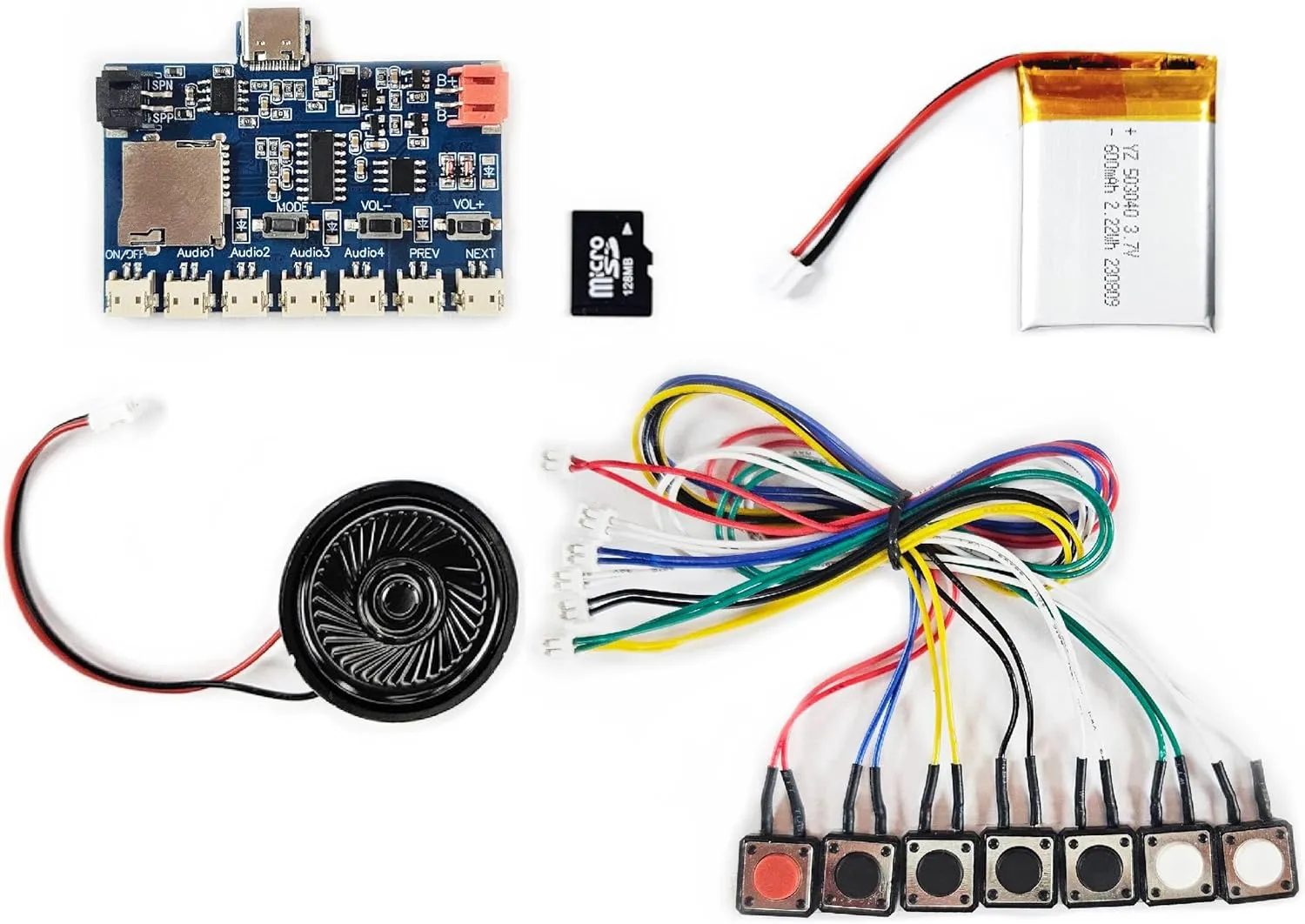 Bild von MP3 Soundmodul mit 7 Tasten, 128 MB Speicher und wiederaufladbarem Akku, bietet Loop und Zufallswiedergabe