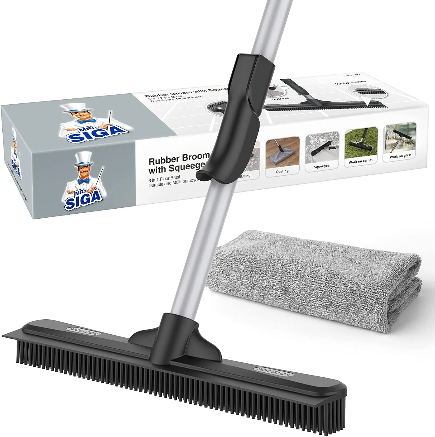 Bild von MR.SIGA Gummibesen 3 in 1 mit Abzieher und verstellbarem Griff von 155 cm, inklusive Mikrofasertuch zum Staubwischen