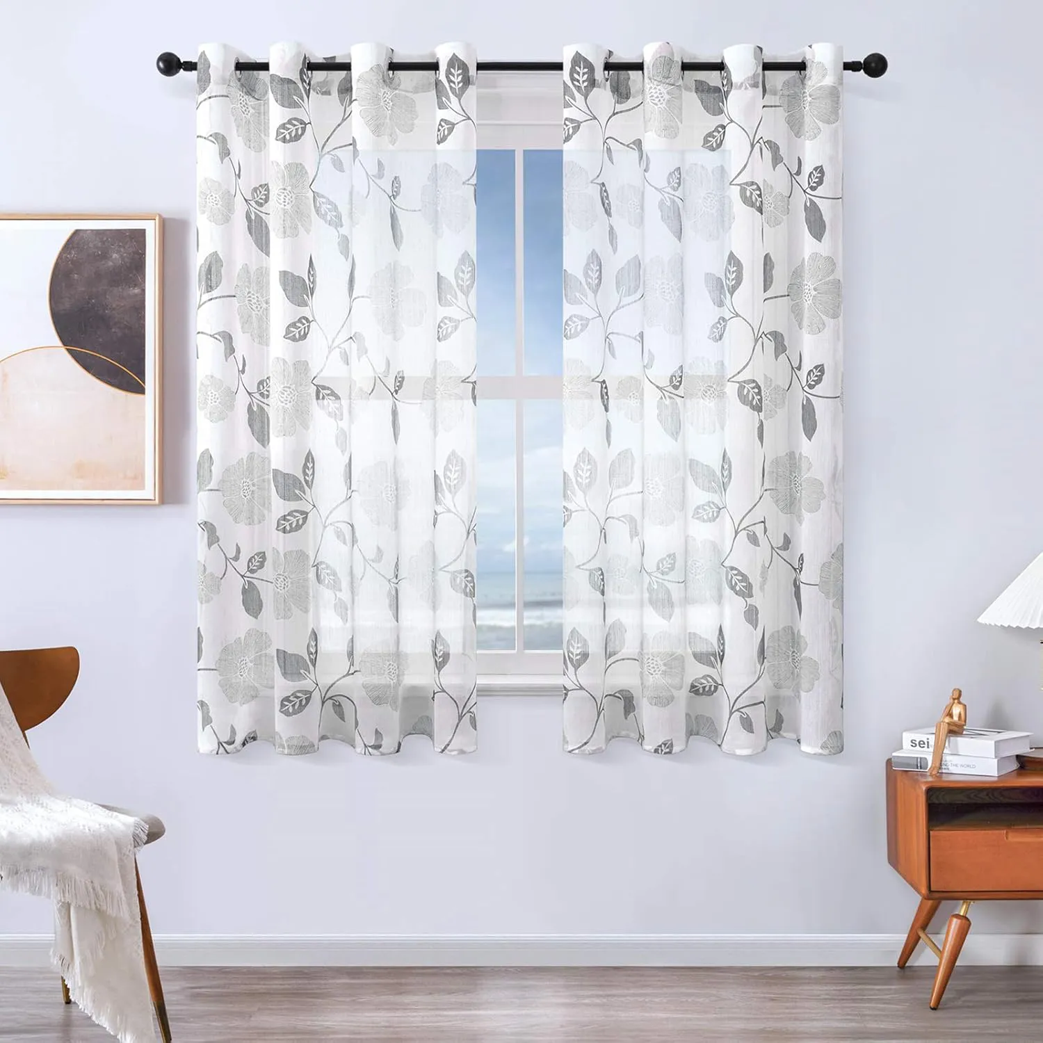 Bild von MRTREES 2er Set halbtransparente Voile Gardinen mit Blumenmuster in Leinenoptik Grau, 145x140 cm für Wohnzimmer, Schlafzimmer und Kinderzimmer