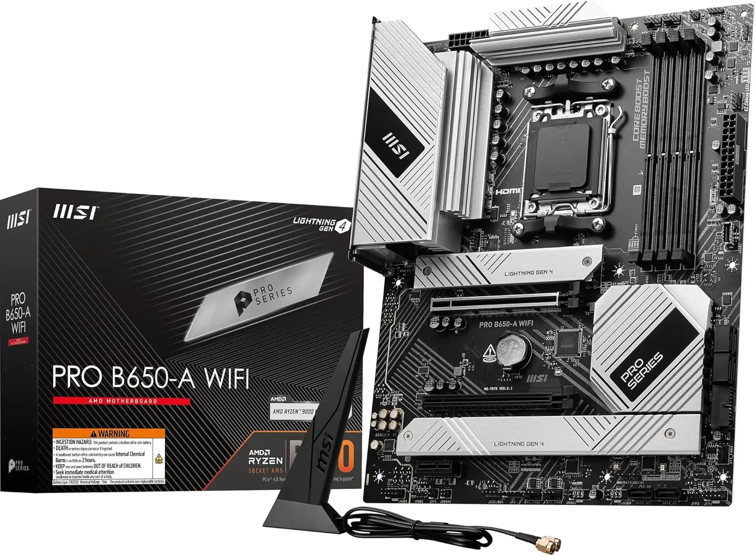 Bild von MSI PRO B650-A WiFi Mainboard im ATX Format, kompatibel mit Ryzen 9000, 8000 und 7000 Prozessoren, unterstützt DDR5 Speicher bis 7600 MHz, mit PCIe 4.0 und M.2 Gen4 Anschlüssen sowie Wi-Fi 6E