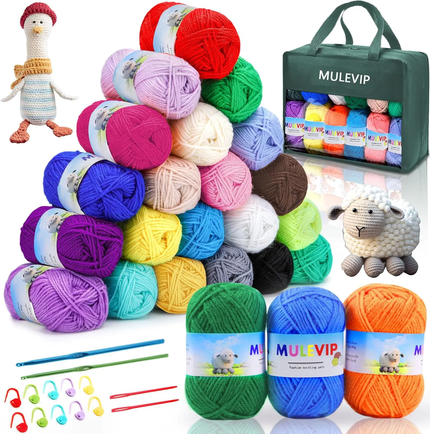 Bild von MULEVIP Häkelgarn Set mit 24 Farben aus Acryl und Baumwolle, inklusive Häkelnadeln und Knöpfen, 40 g pro Garnball
