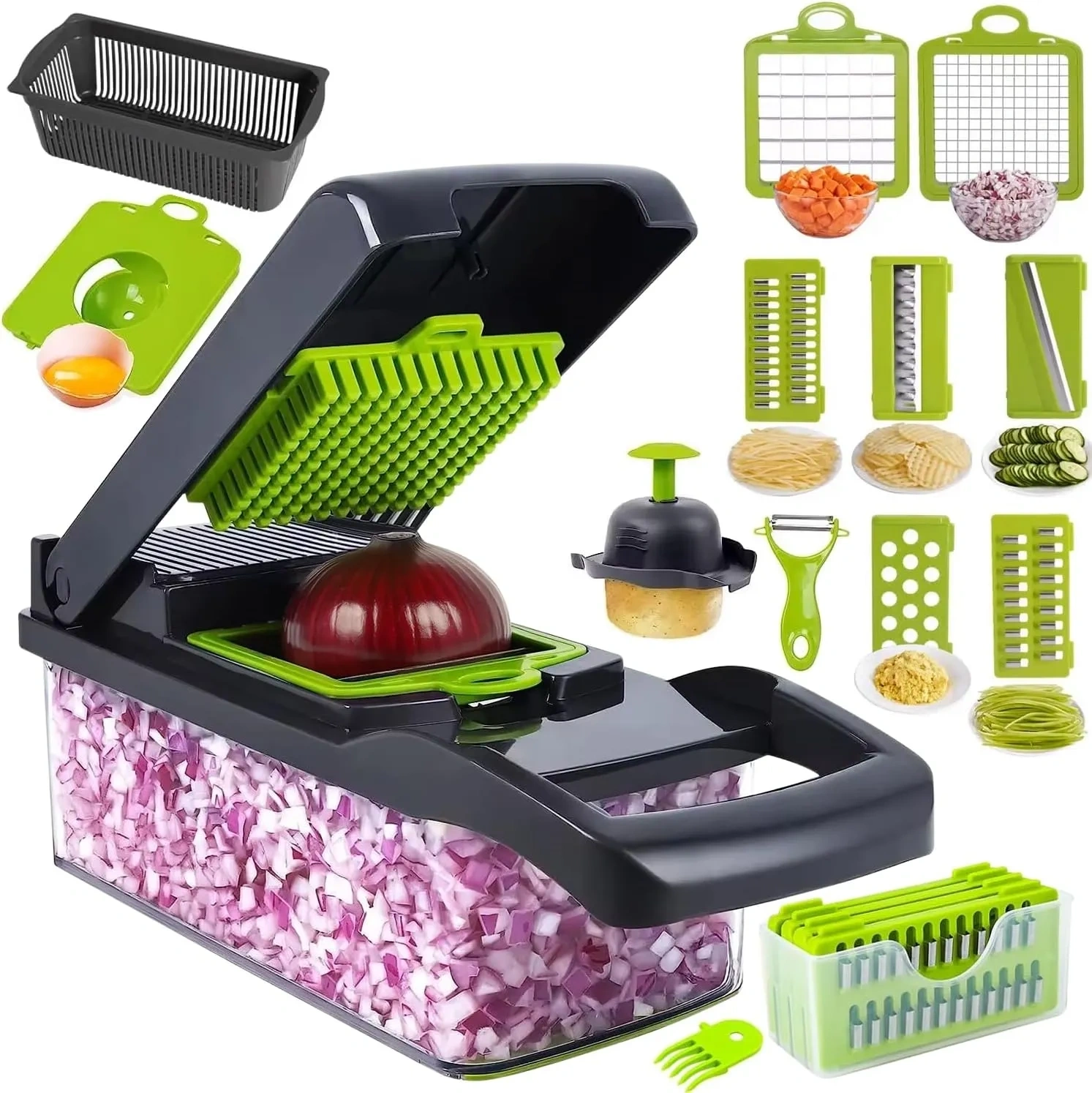 Bild von Multifunktions-Gemüseschneider 16-in-1 mit austauschbaren Klingen und Sicherheitszubehör für Obst, Gemüse und Salate