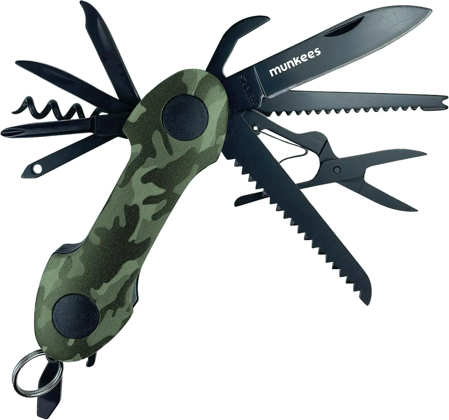 Bild von Munkees Mini Taschenmesser 15 in 1 im Grüntarn Design, kompaktes Multifunktionsmesser mit Schlüsselanhänger, robust und ideal für Kinder im Outdoor Einsatz