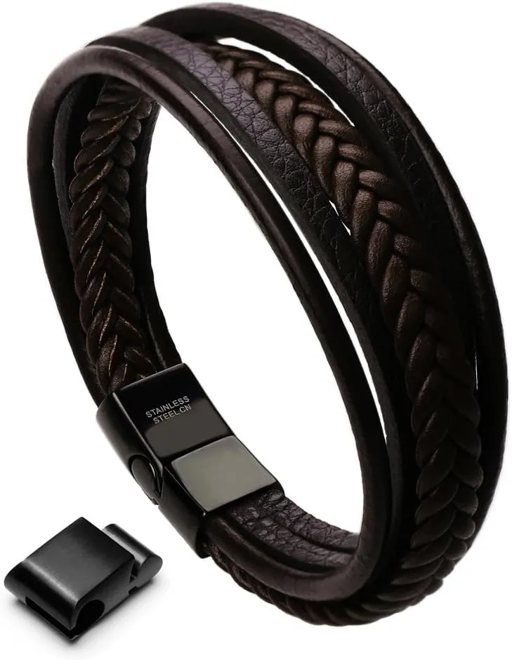 Bild von Murtoo Herren Armband aus Edelstahl und Echtleder mit geflochtenem Naturstein und Magnetverschluss
