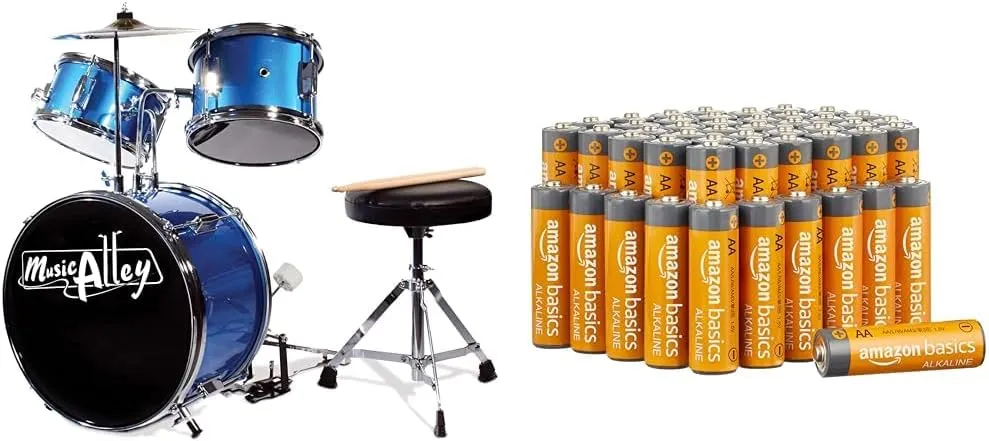 Bild von Music Alley Junior Schlagzeug Set für Kinder in Blau mit Fußpedal, Trommelhocker und Drumsticks sowie 48 Amazon Basics AA Alkaline Batterien