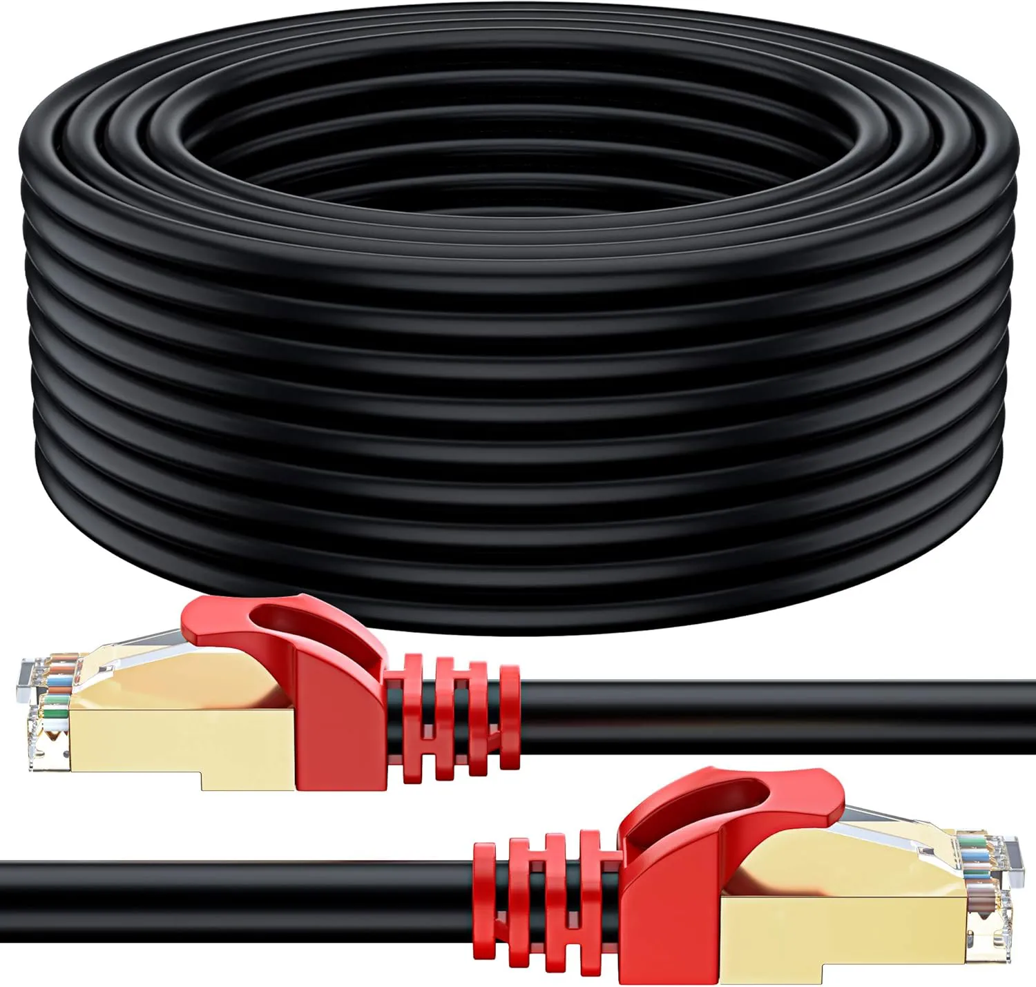 Bild von MutecPower 75m CAT 7 wasserdichtes Ethernet Netzwerkkabel für Außenbereich mit RJ45 Anschluss, 600 MHz, inklusive Kabelbinder und Klemmen