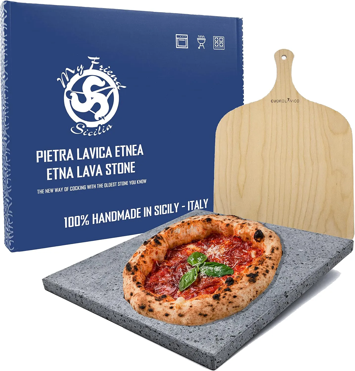 Bild von My Friend Sicilia Pizzastein Set aus Ätna Lavastein mit Pizzaschieber, rechteckig 39 x 35 cm für knusprige Pizza wie beim Italiener