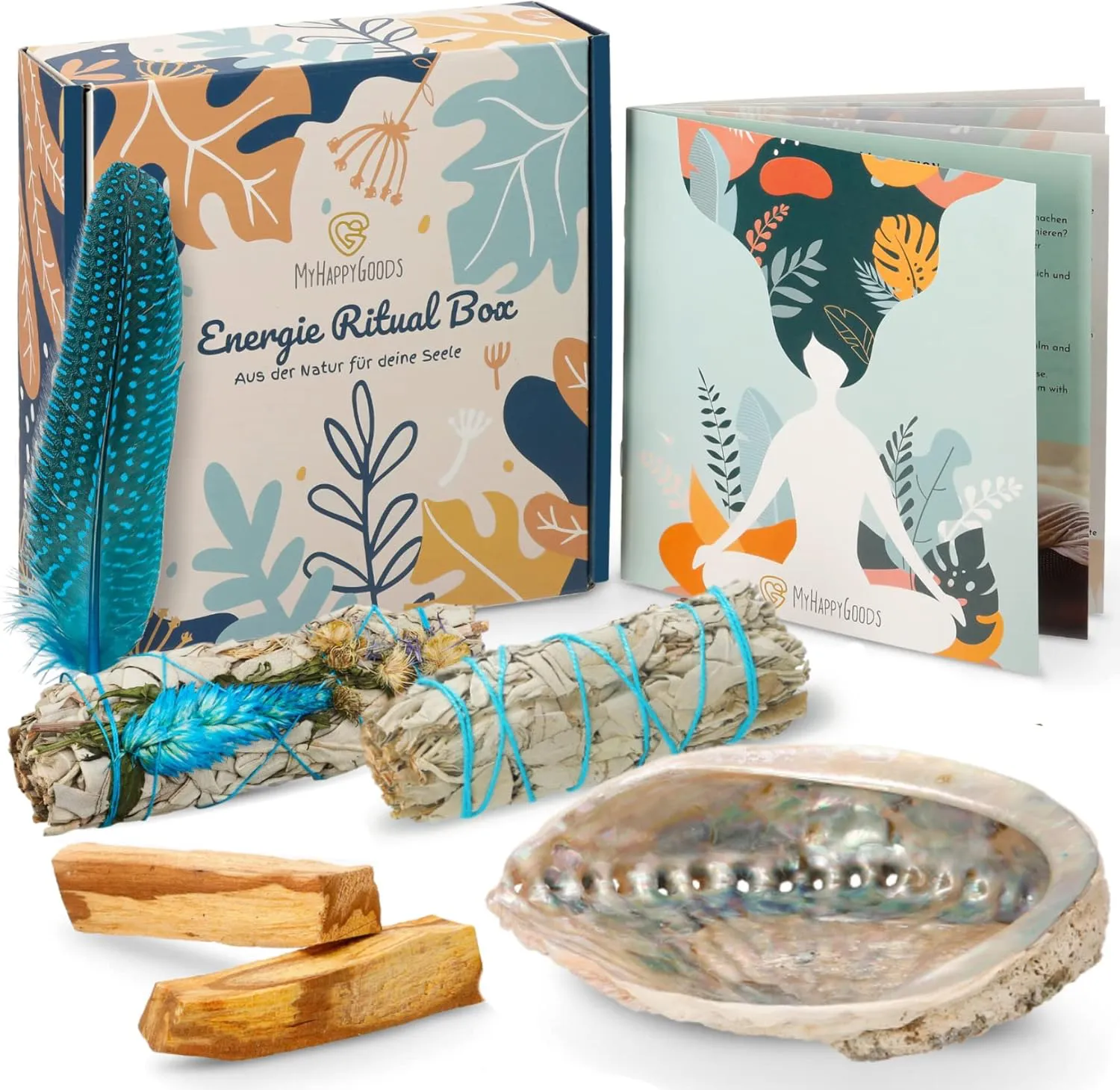 Bild von MyHappyGoods Premium Räucherset mit weißem Salbei und Palo Santo in robuster Abalone-Muschel inklusive Räucherbündel und Anleitung