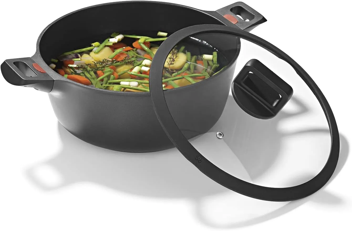 Bild von N8WERK Aluguss Kochtopf mit 28 cm Durchmesser und 6 Litern Volumen, Farbwechsel Temperaturanzeige und Silikonrand, geeignet für alle Herdarten inklusive Induktion