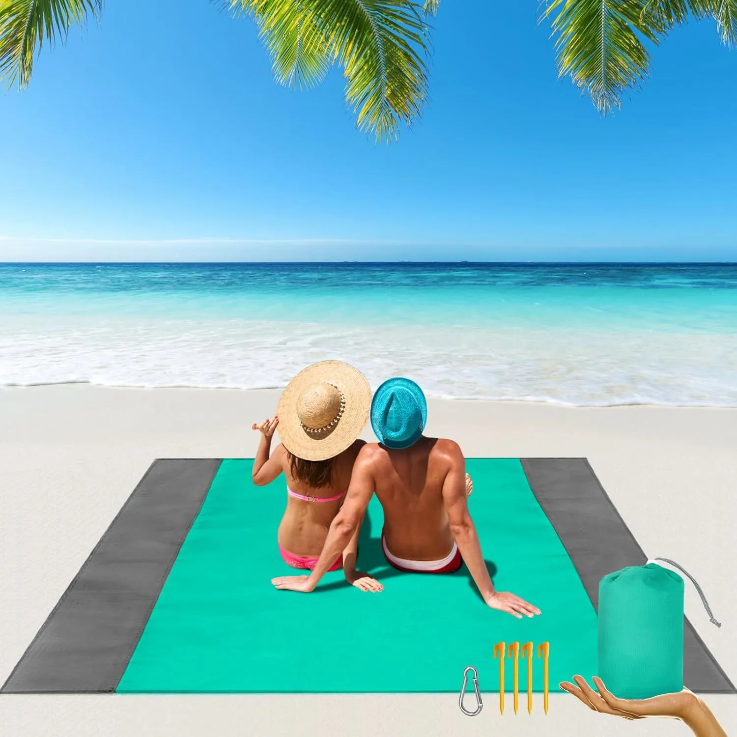 Bild von NABIYE Stranddecke 210 x 200 cm wasserdicht und sanddicht für 3 bis 5 Personen, ideal für Picknick, Reisen, Camping und Strand