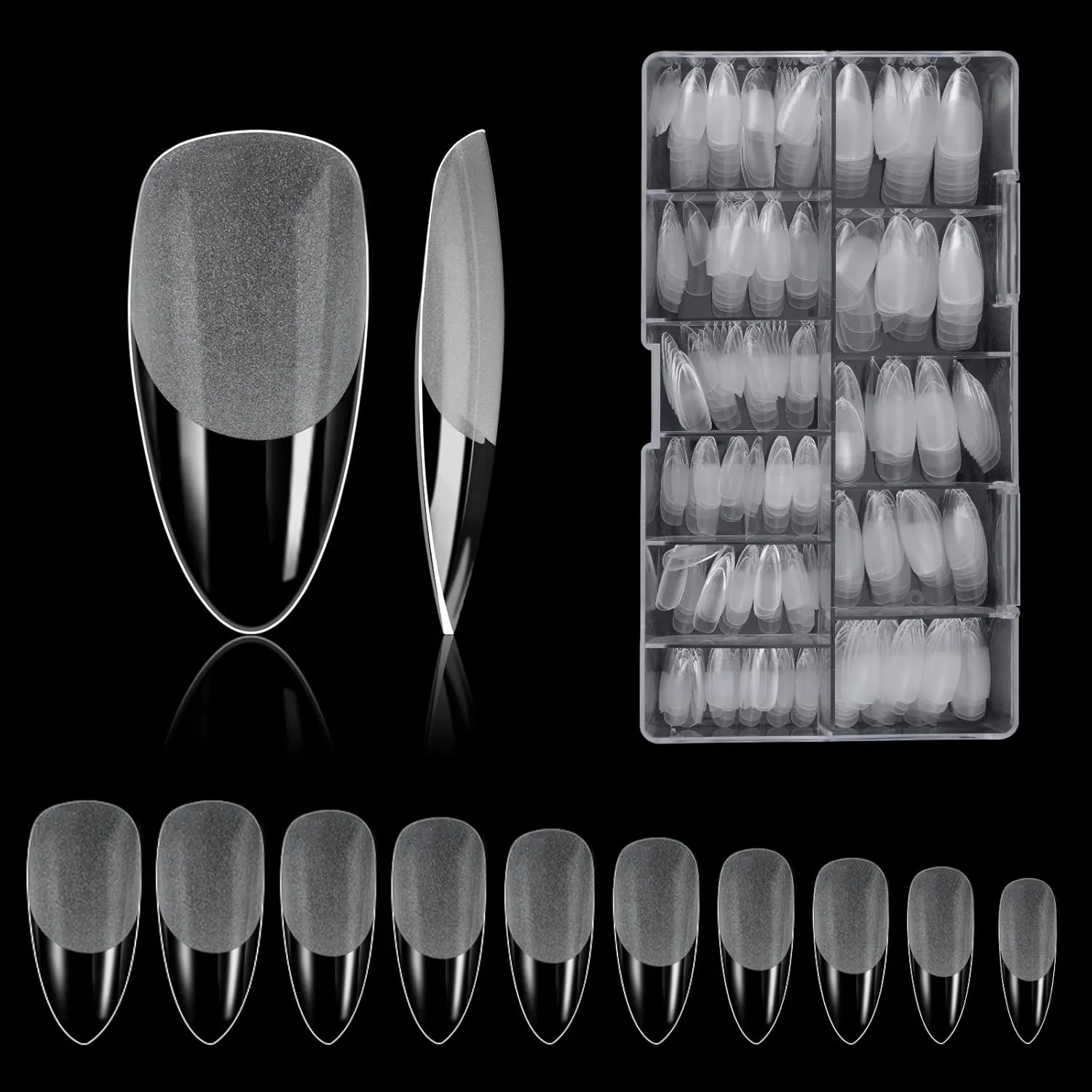 Bild von Nageltips 500 Stück in Mandelform mit Aufbewahrungskoffer und 10 Größen für Nagelstudios und DIY Nail Art
