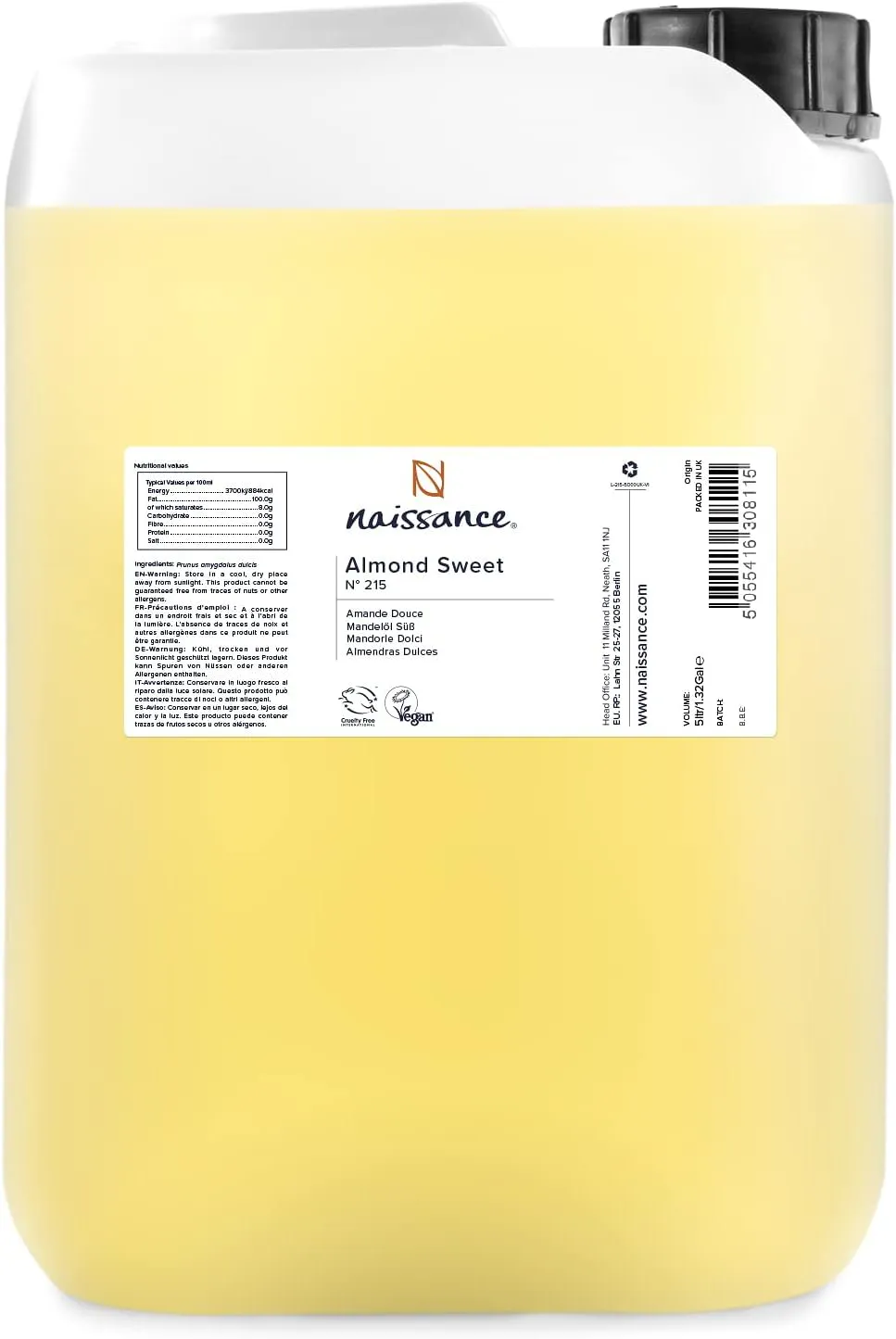 Bild von Naissance 215 Süßes Mandelöl 5 Liter, vegan und gentechnikfrei, ideal für Haar- und Körperpflege sowie Aromatherapie und Massageöle