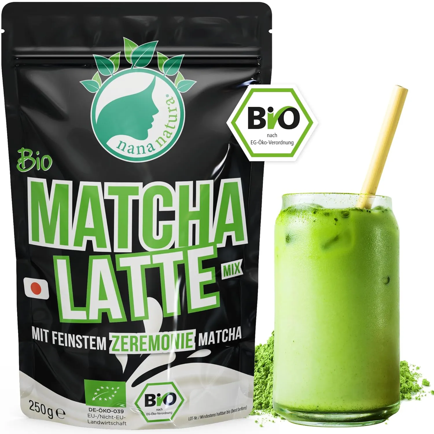 Bild von NanaNatura Bio Matcha Latte Instant Pulver 250g aus Japan, glutenfrei, für heiße und kalte Zubereitung