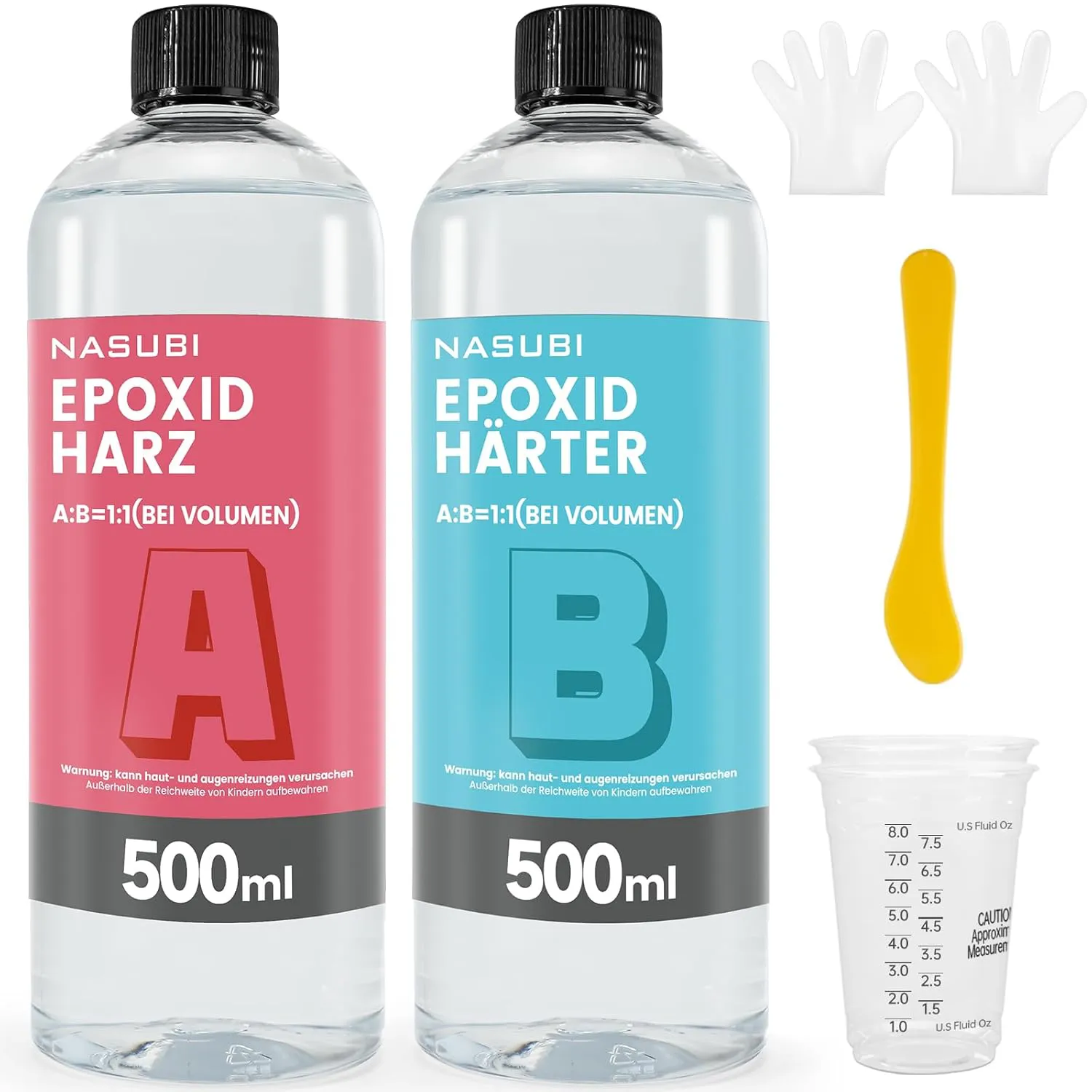 Bild von NASUBI Epoxidharz Set mit 1 Liter für Anfänger, ideal zum Basteln und Gießen, klar und ohne Gelbstich, inklusive Härter, Rührstab und Messbecher