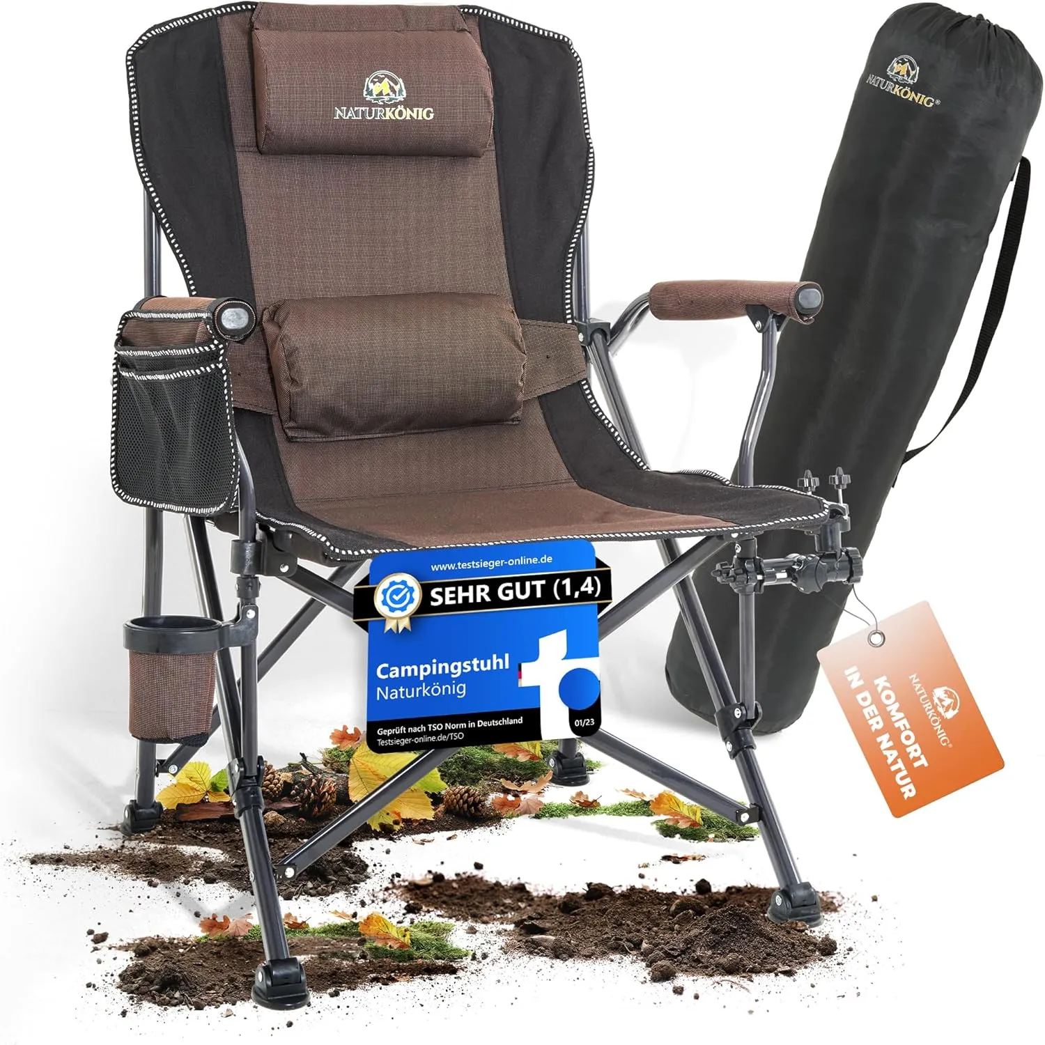 Bild von Naturkönig Campingstuhl Faltbar 2024 in Braun mit ergonomischer Sitzfläche, Kissen, Tasche und Getränkehalter, stabil bis 160 kg