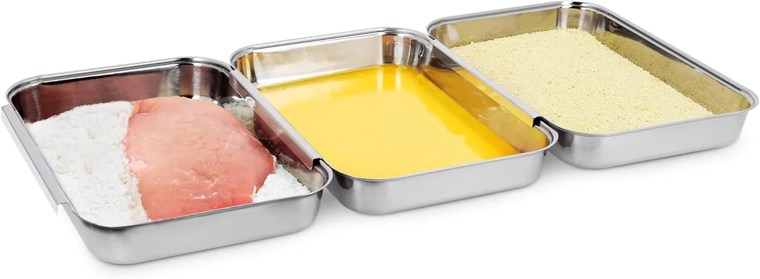Bild von Navaris 3-teiliges Edelstahl Panier-Set mit rechteckigen Schalen für Schnitzel, Fleisch und Fisch, Maße 22 x 15 x 3 cm