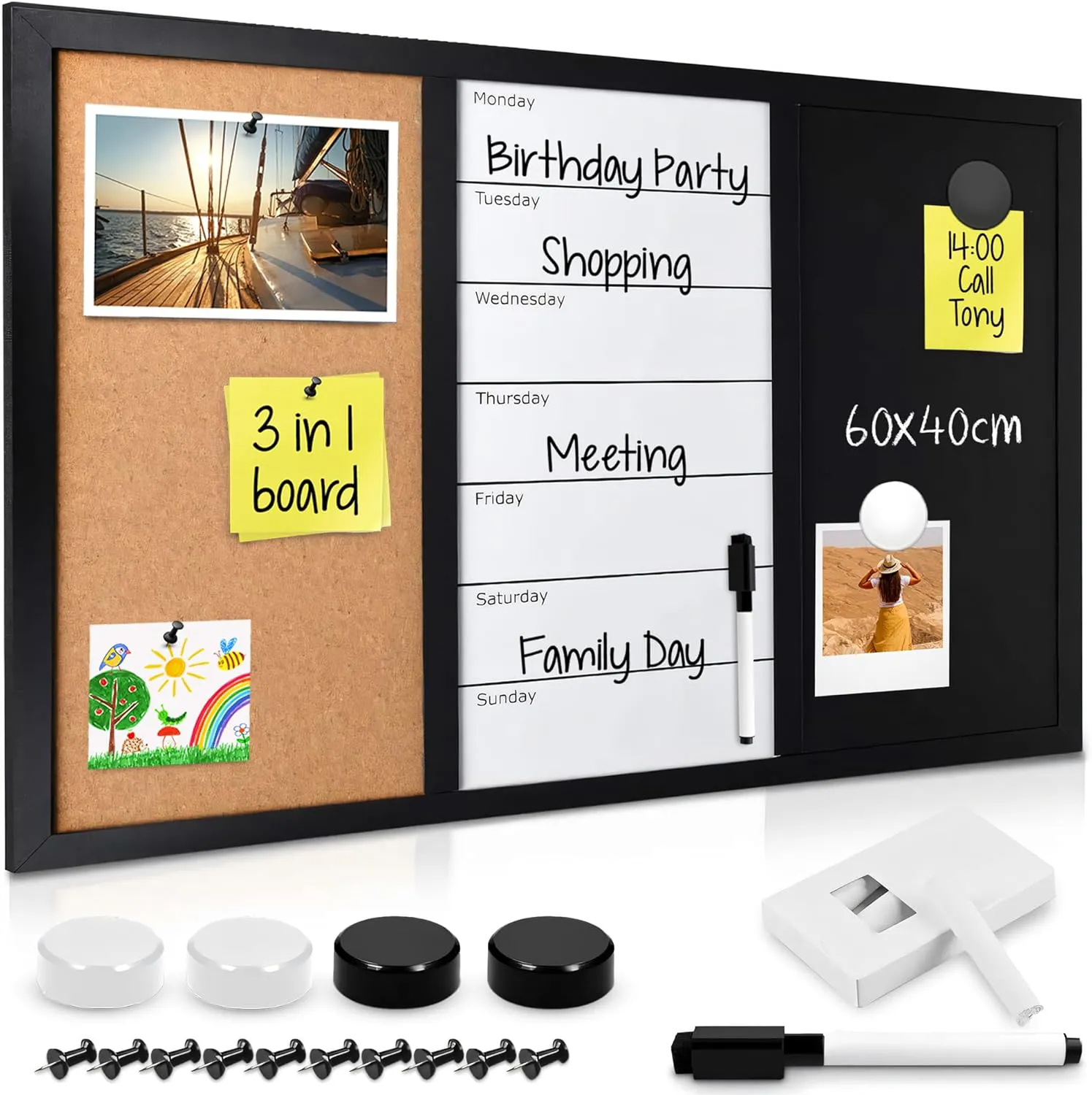 Bild von Navaris 3in1 Kombitafel 60x40 cm mit Kreidetafel, Whiteboard und Korkpinnwand