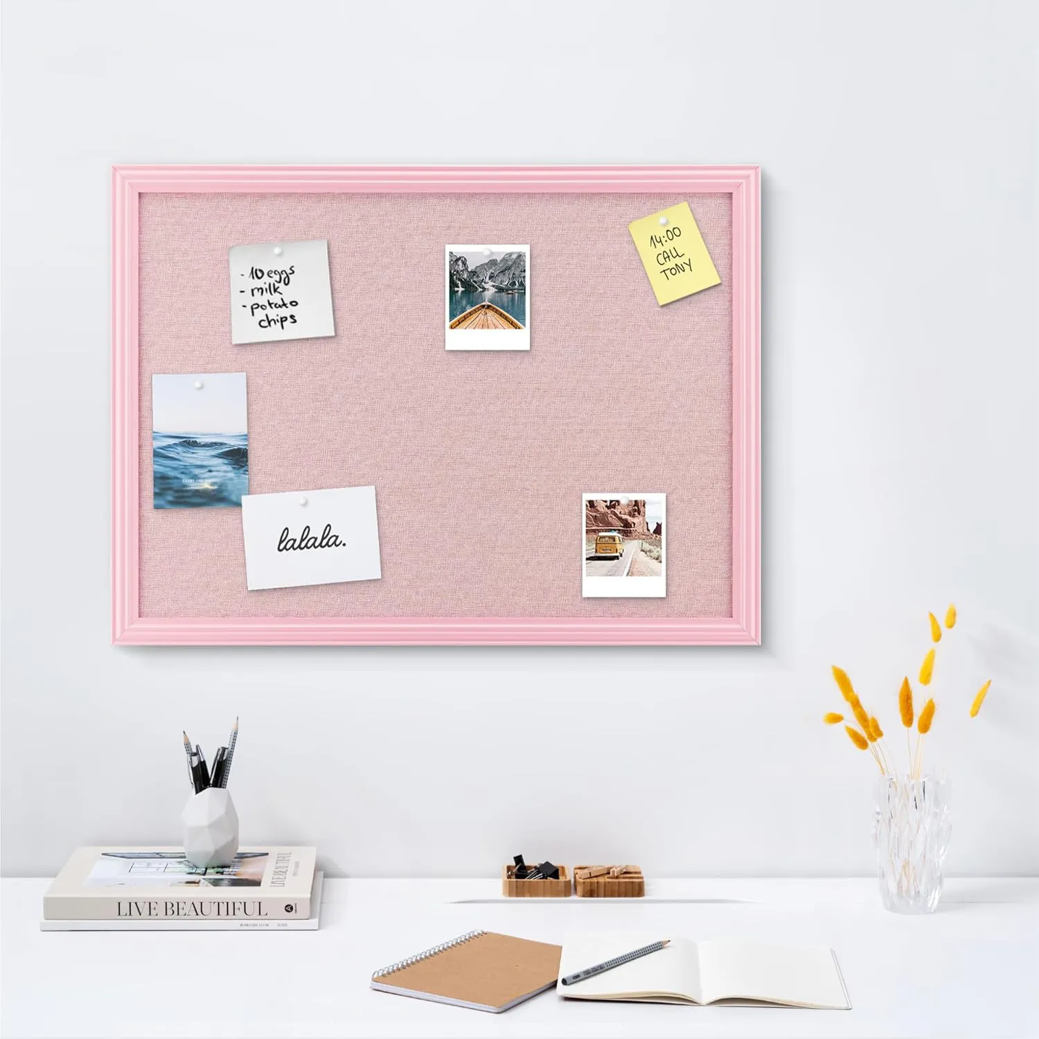 Bild von Navaris Memoboard 58x43 cm mit Leinenoberfläche und rosa Rahmen inkl. Stecknadeln