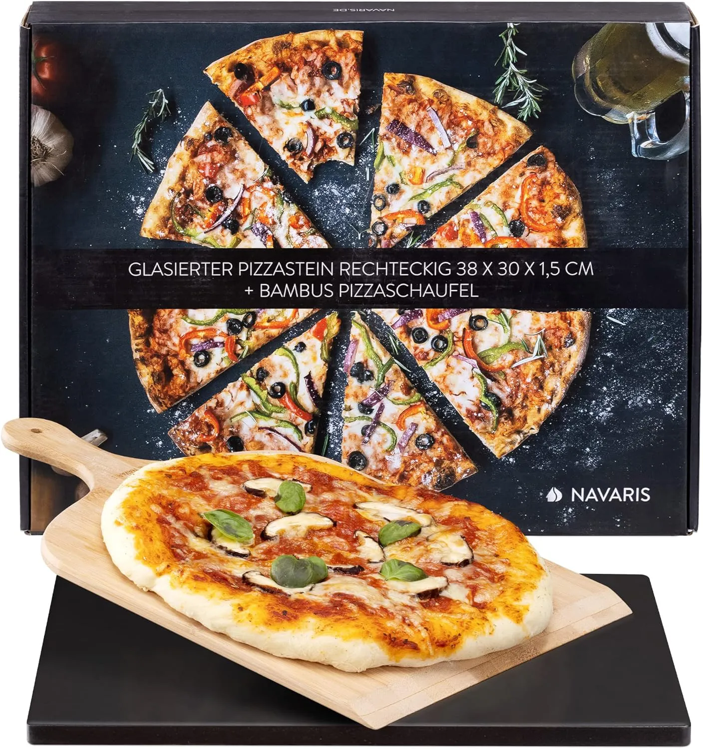 Bild von Navaris Pizzastein 38x30cm mit Bambus Pizzaschieber für Ofen und Grill