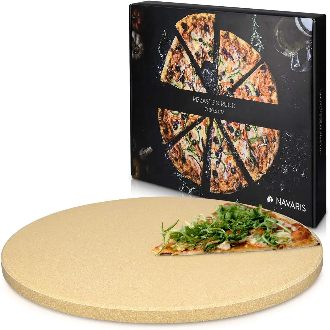 Bild von Navaris Pizzastein XL aus Cordierit mit 30,5 cm Durchmesser und Rezeptbuch