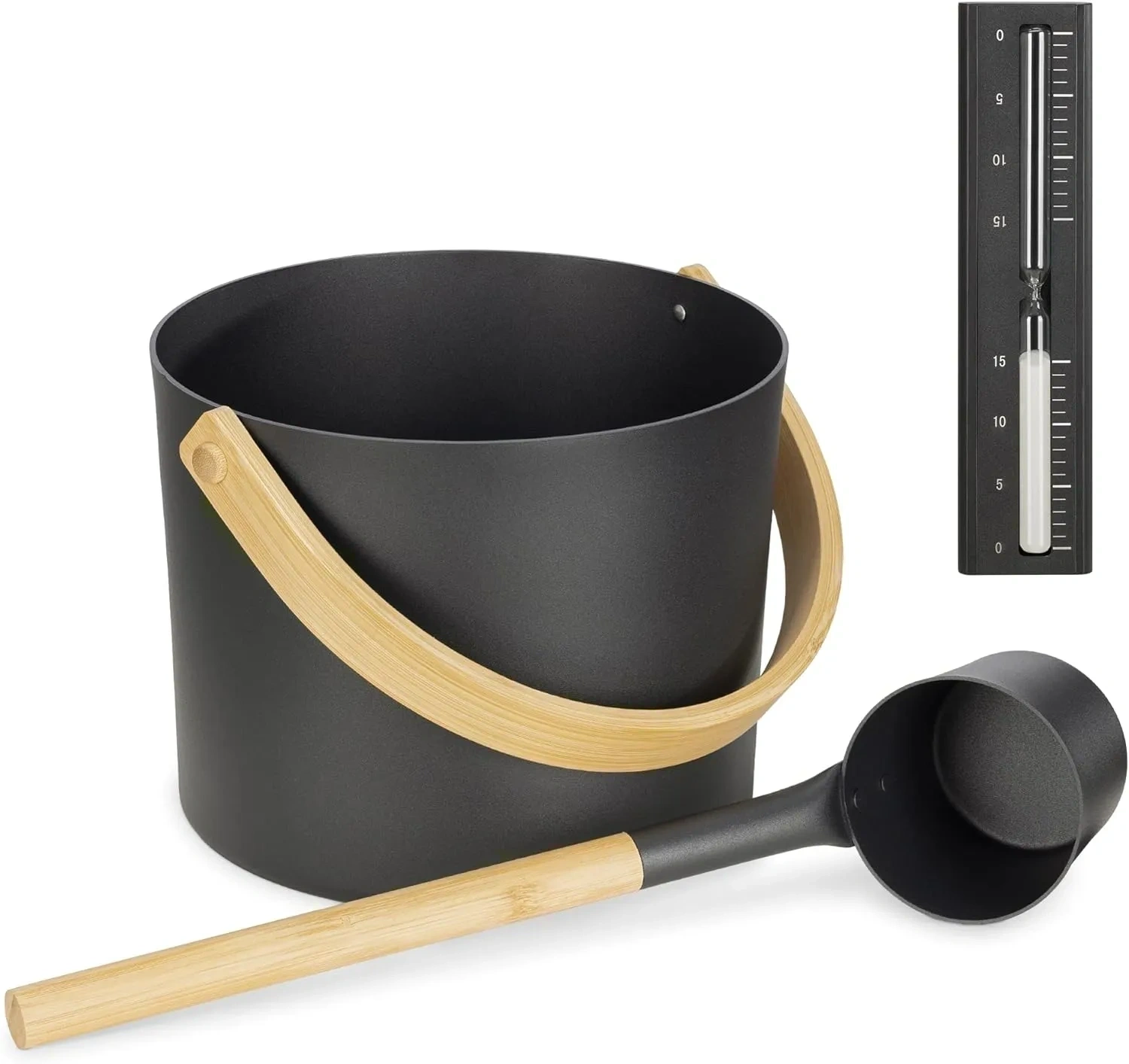 Bild von Navaris Saunakübel Set mit Kelle und Sanduhr, 3-teilig, Aluminium mit Bambusgriff, schwarz und natur