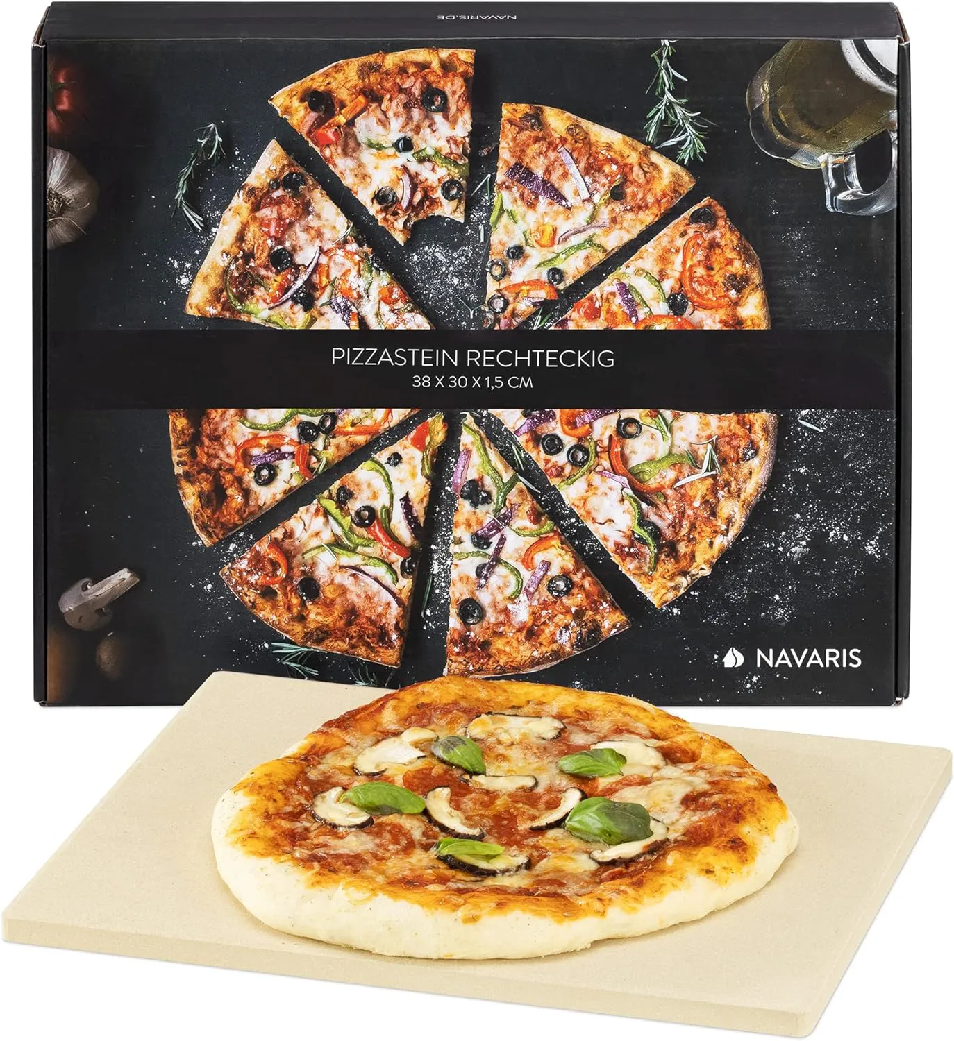 Bild von Navaris XL Cordierit Pizzastein 38x30 cm für Backofen und Grill mit Rezeptbuch
