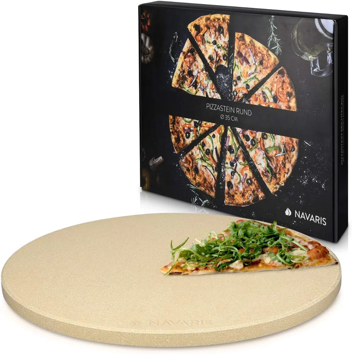 Bild von Navaris XXL Cordierit Pizzastein mit 35 cm Durchmesser für Ofen und Grill inklusive Rezeptbuch