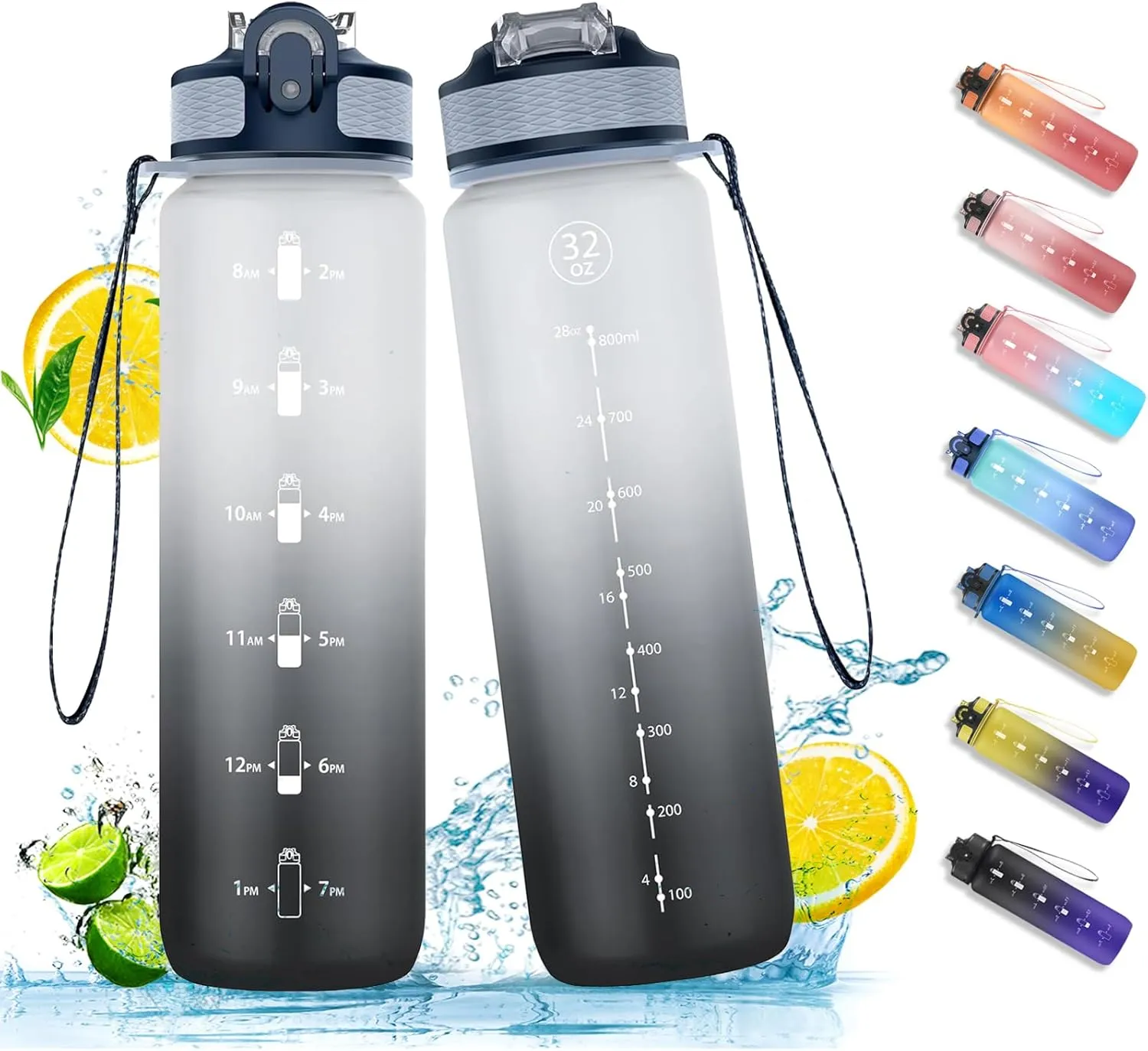 Bild von NAVTUE 1 Liter Trinkflasche mit Strohhalm, BPA-frei und auslaufsicher, ideal für Sport und Fitness in Schwarz-Grau