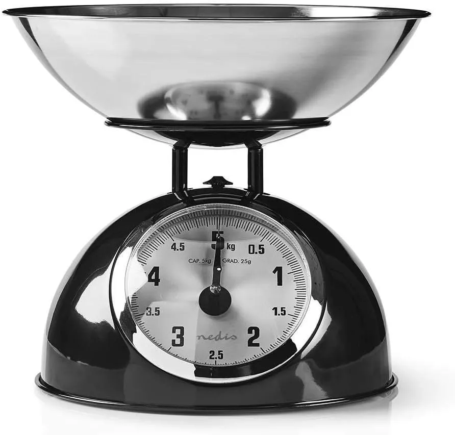 Bild von Nedis Retro Küchenwaage mit 5 kg Kapazität und abnehmbarer Edelstahlschüssel in Schwarz/Silber