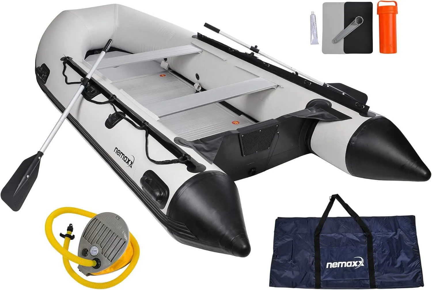 Bild von Nemaxx Schlauchboot 380 cm für 6 plus 1 Personen mit Aluboden, 2 Sitzbänken, 2 Paddeln und Luftpumpe in hellgrau